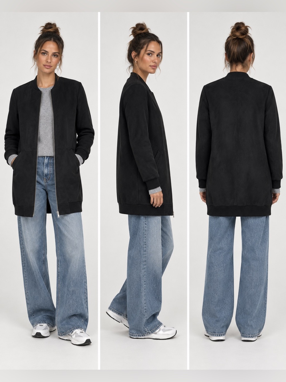 BCBGeneration Faux Suede Long Bomber Jacket Size XXS Black Longline runs large